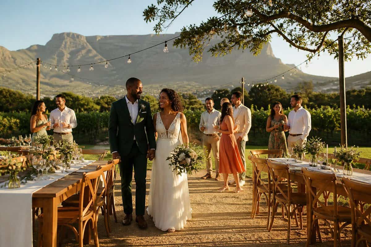 A couple and guests celebrating at a simple outdoor wedding venue with Table Mountain in the background.
