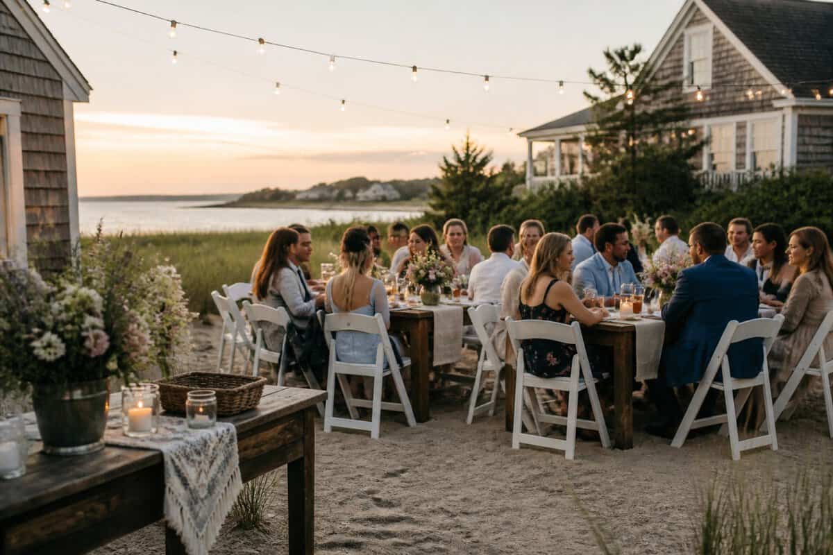 A small outdoor wedding reception at a modest Cape Cod coastal venue with guests, simple tables, flowers, and string lights.