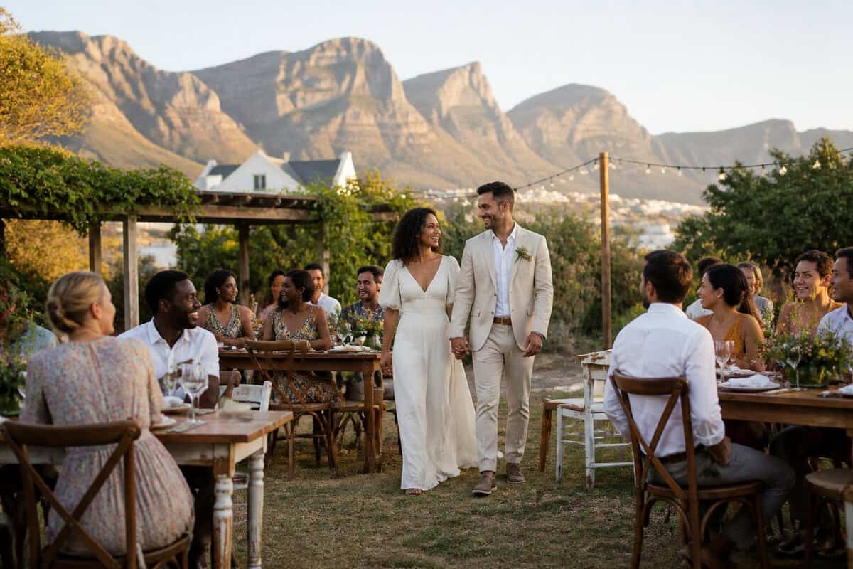 A couple and guests celebrate at a simply decorated outdoor wedding venue with Cape Town mountain scenery in the background.