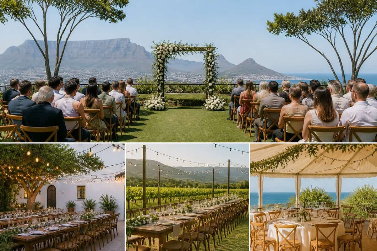 An outdoor wedding ceremony and reception setup at a scenic Cape Town venue.