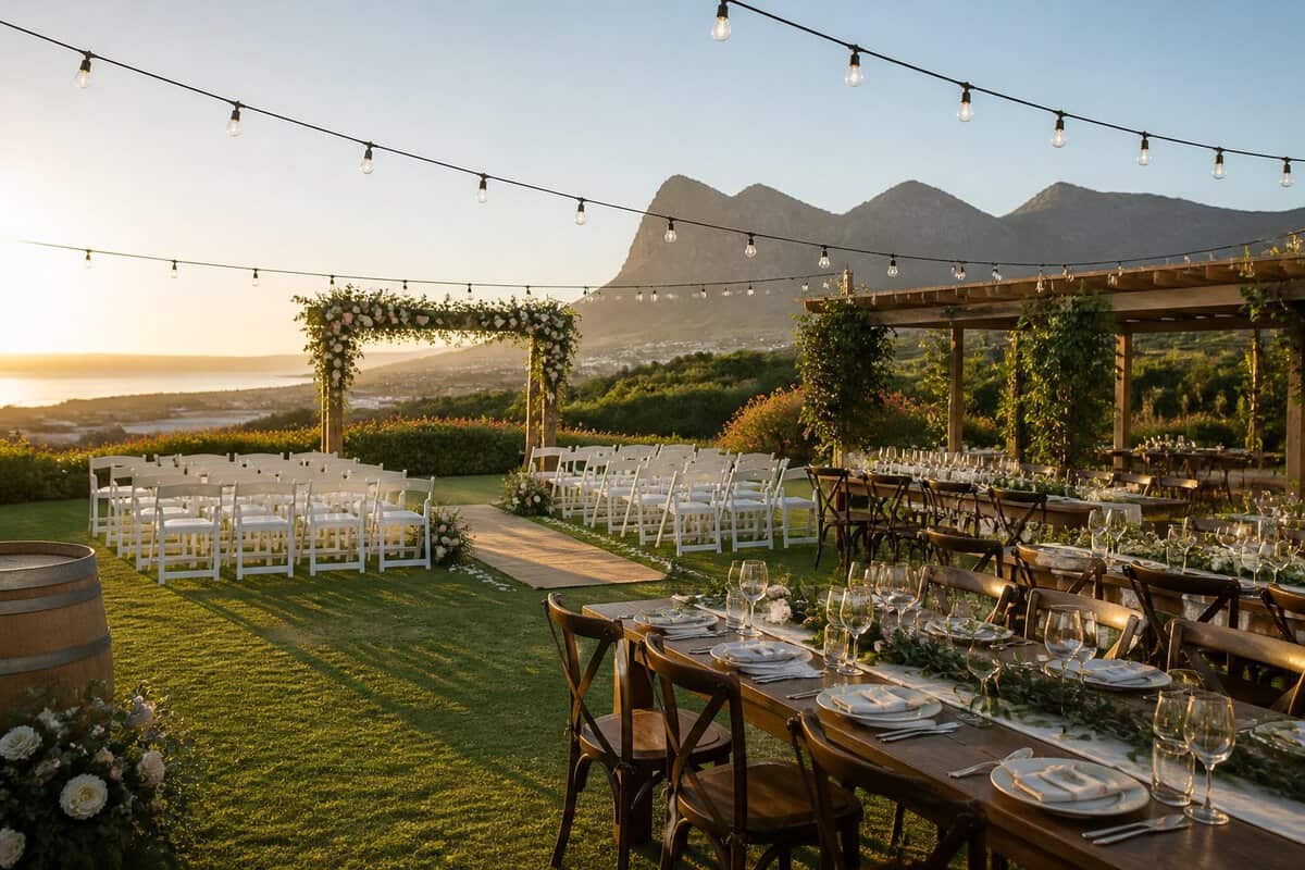 A modest outdoor wedding venue with decorated tables, ceremony chairs, and mountains in the distance.