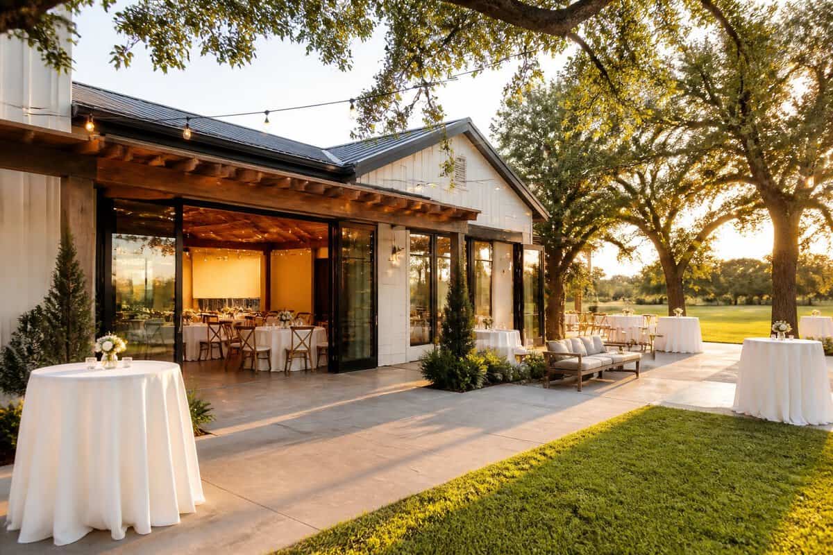 A welcoming budget-friendly wedding venue with a decorated outdoor courtyard and reception area.
