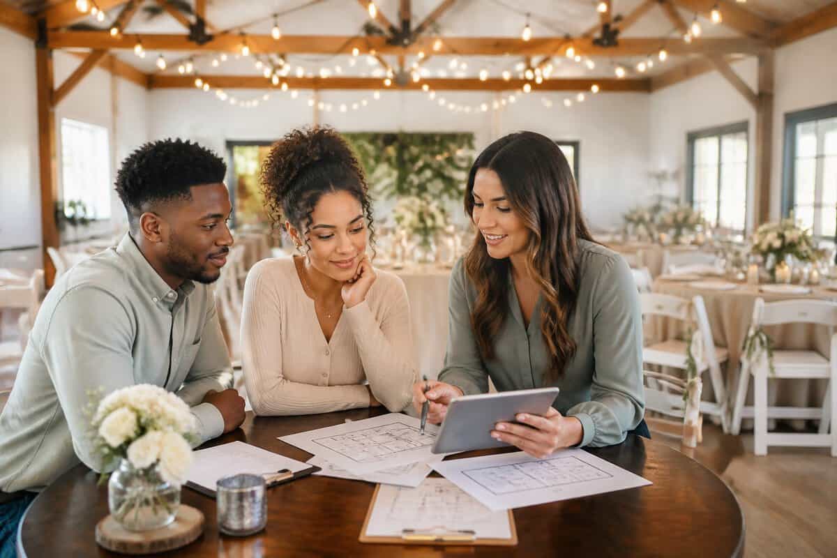 A couple discusses affordable wedding venue options with a coordinator in a decorated reception space.