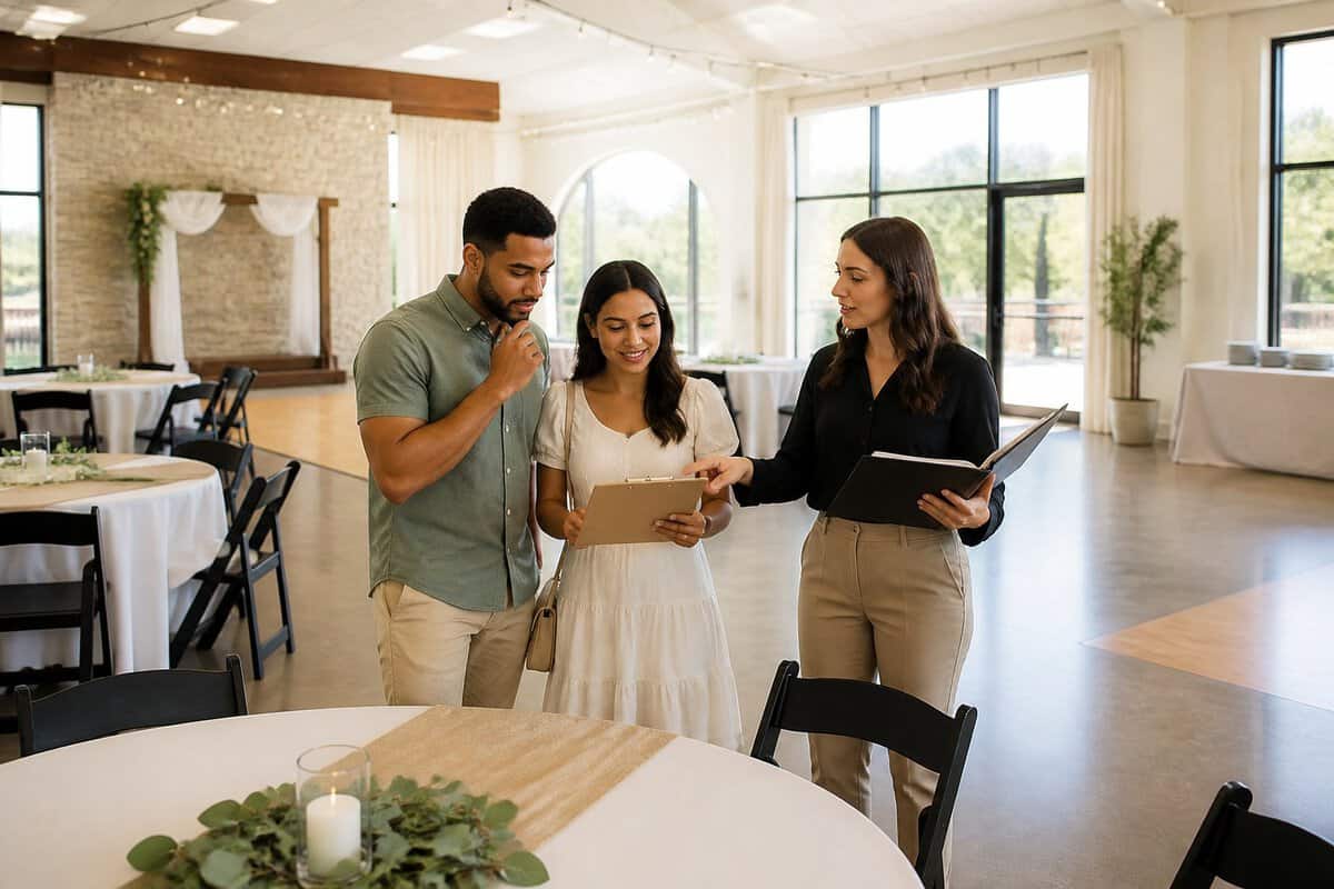A couple tours a wedding venue with a coordinator while reviewing the reception space and practical features.