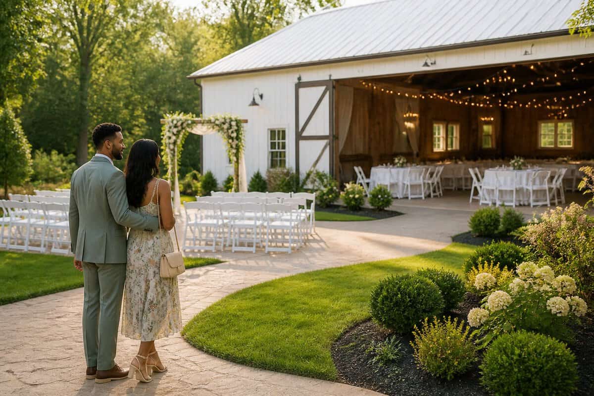 A couple views an inviting outdoor wedding venue with simple decorations, chairs, tables, and string lights.