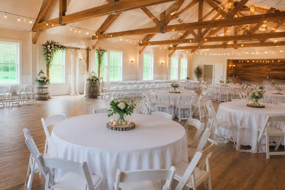 A versatile wedding venue arranged with tables, chairs, simple floral centerpieces, and warm lights.