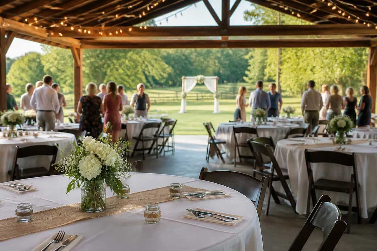 A modest wedding reception setup in a welcoming landscaped venue with tables, flowers, string lights, and guests.
