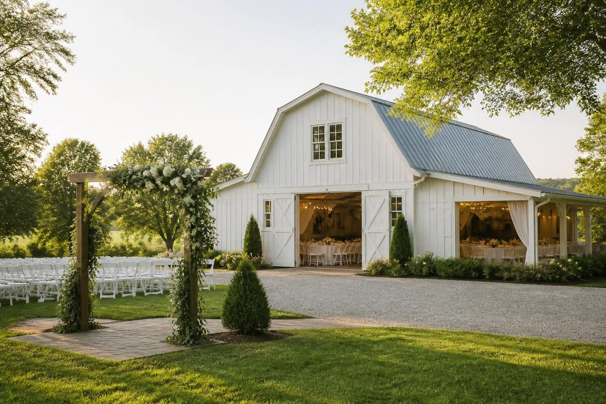 A charming affordable wedding venue with an outdoor ceremony setup in a leafy countryside setting.