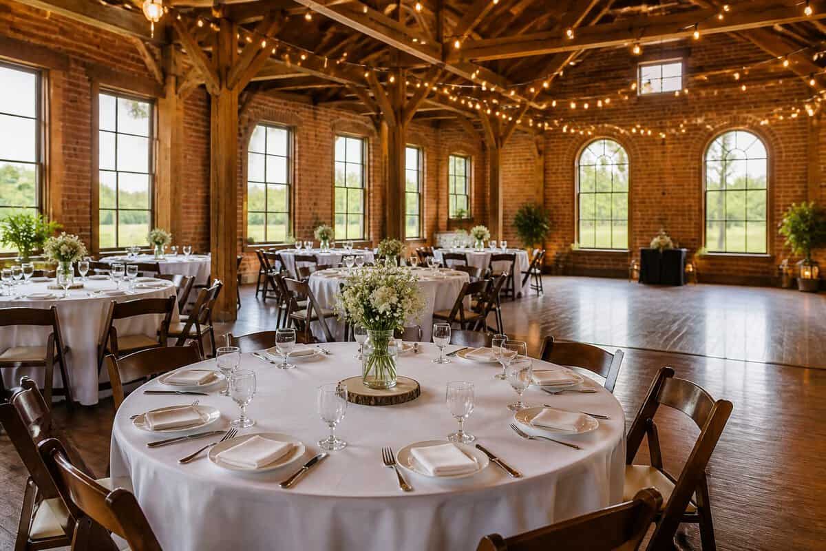 A modestly decorated wedding venue with round tables, floral centerpieces, string lights, and a garden setting.