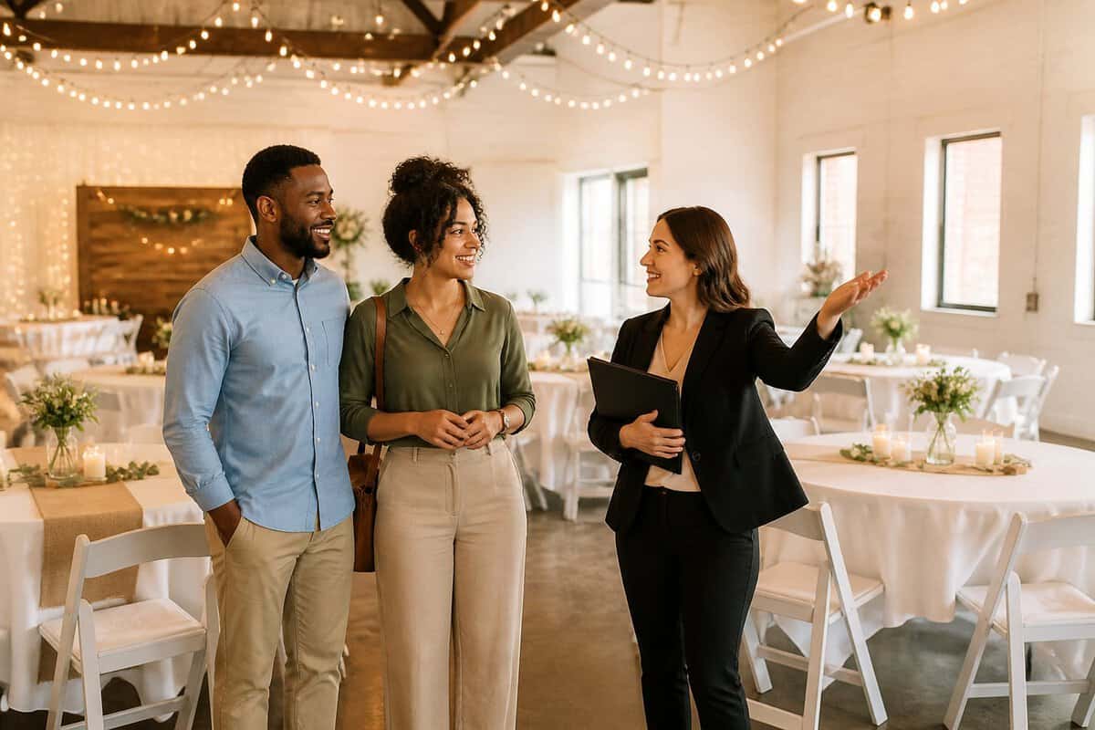 A couple tours a modest, warmly decorated wedding reception venue with a coordinator.