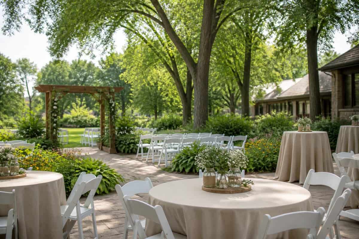 An intimate outdoor wedding setup with simple chairs, a wooden arbor, greenery, and modest reception tables.