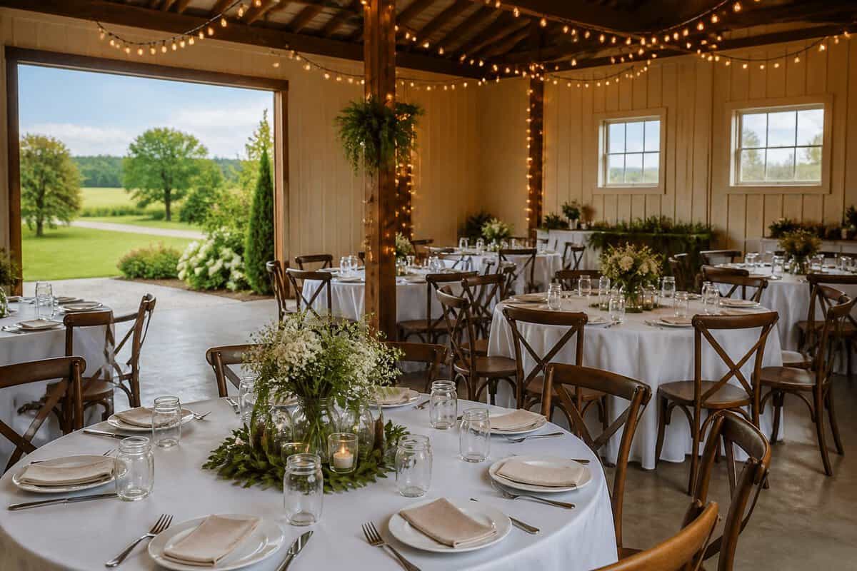 A warmly decorated, affordable wedding reception venue with simple tables, greenery, flowers, and string lights.