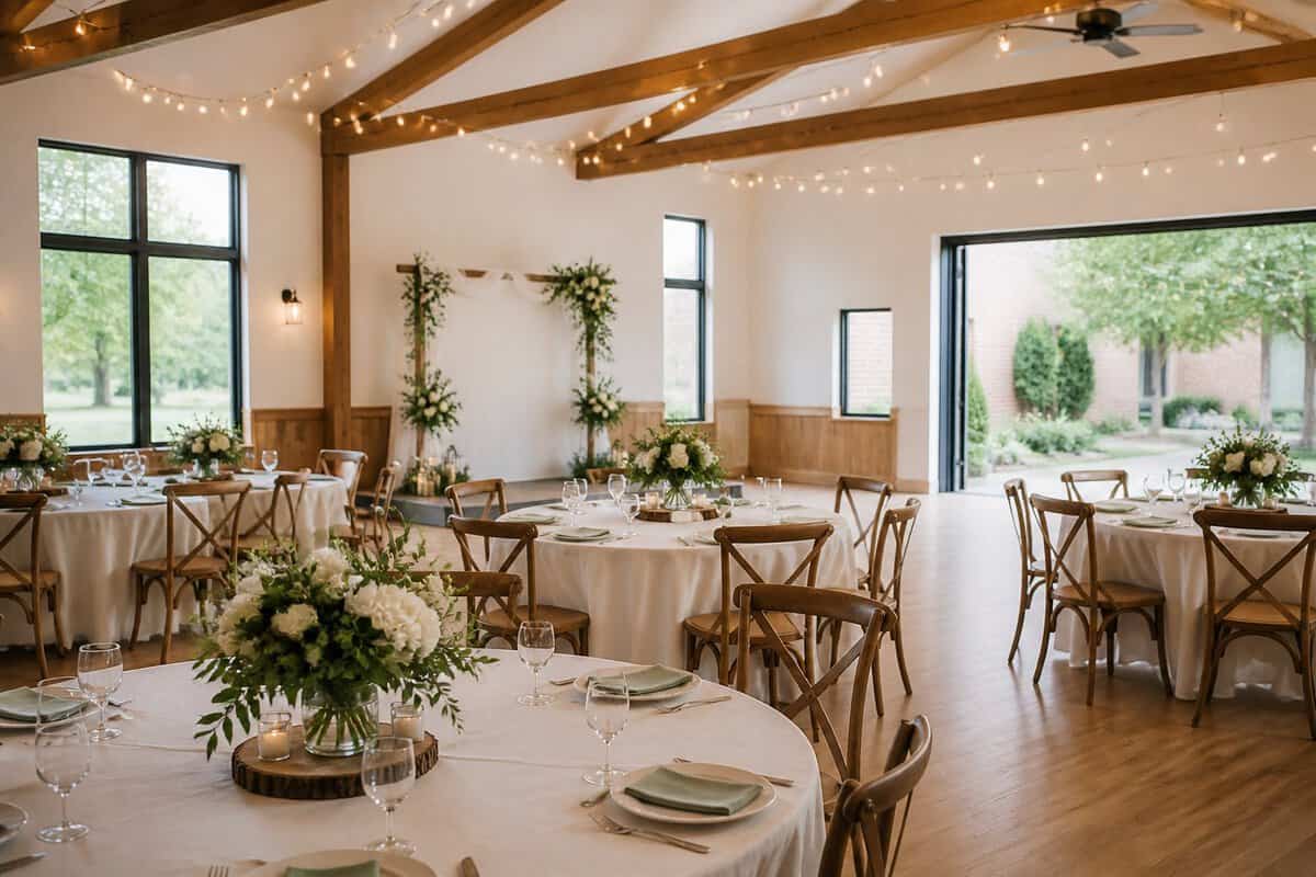 A warmly lit wedding venue with simple tables, floral centerpieces, and a small ceremony area.