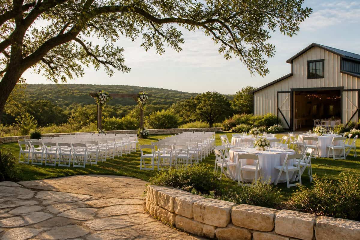 A modest rustic wedding venue with white chairs, floral decorations, and rolling green hills beneath oak trees.