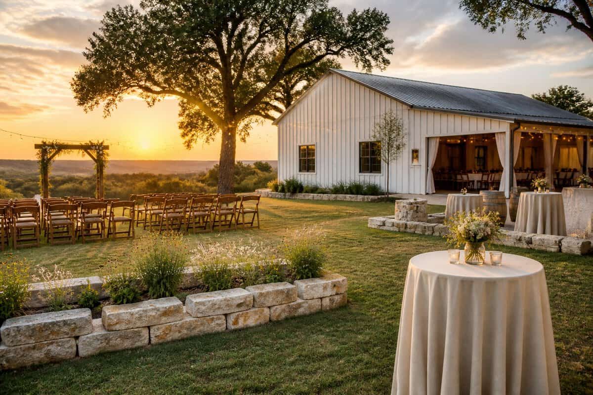 A simple outdoor wedding venue with a rustic barn, wooden chairs, wildflowers, and string lights in the Texas Hill Country.