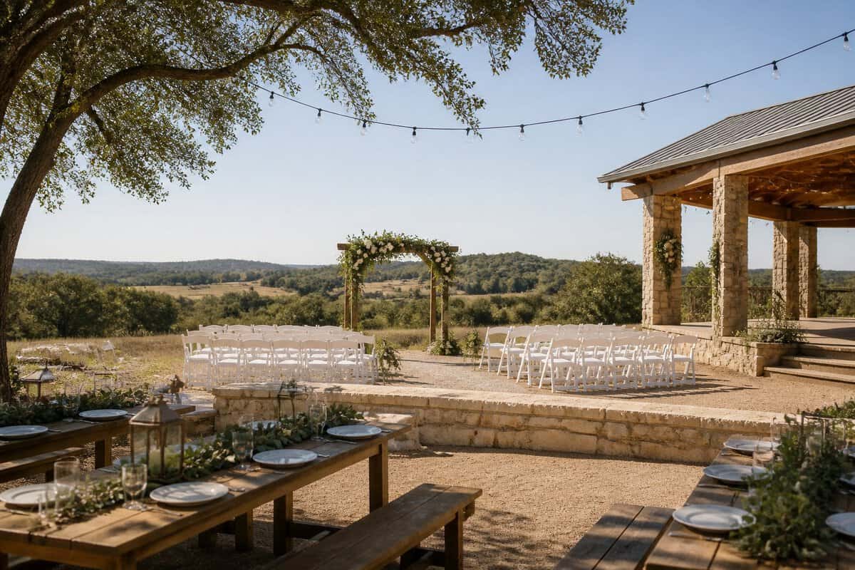 A simple outdoor wedding venue in the Texas Hill Country with a floral ceremony arch, guest chairs, reception tables, and rolling green hills.