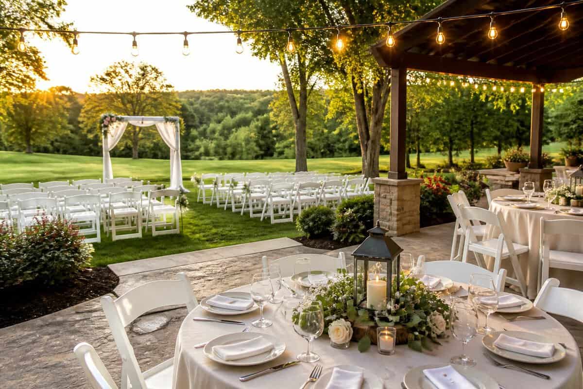 An elegant outdoor wedding venue with a garden ceremony setup, white chairs, and a simple reception patio.