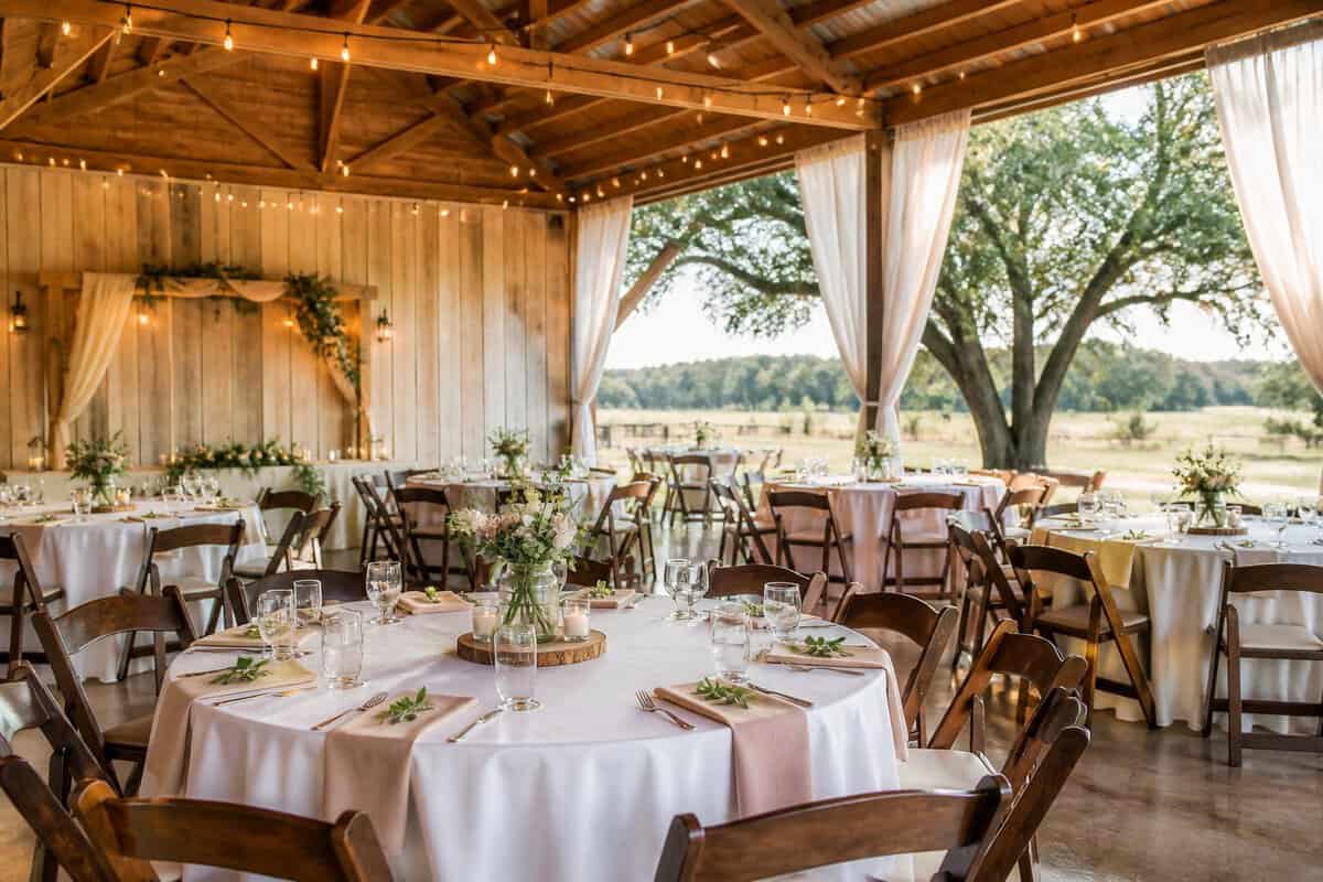 A simple, elegant wedding reception setup in a charming North Texas venue.
