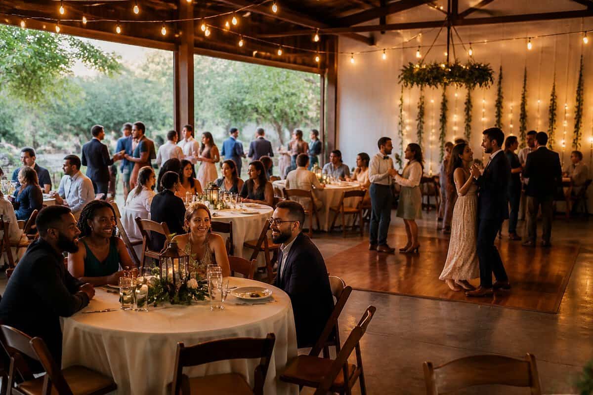 Guests celebrate at a warmly decorated wedding venue with simple tables, flowers, and soft lighting.