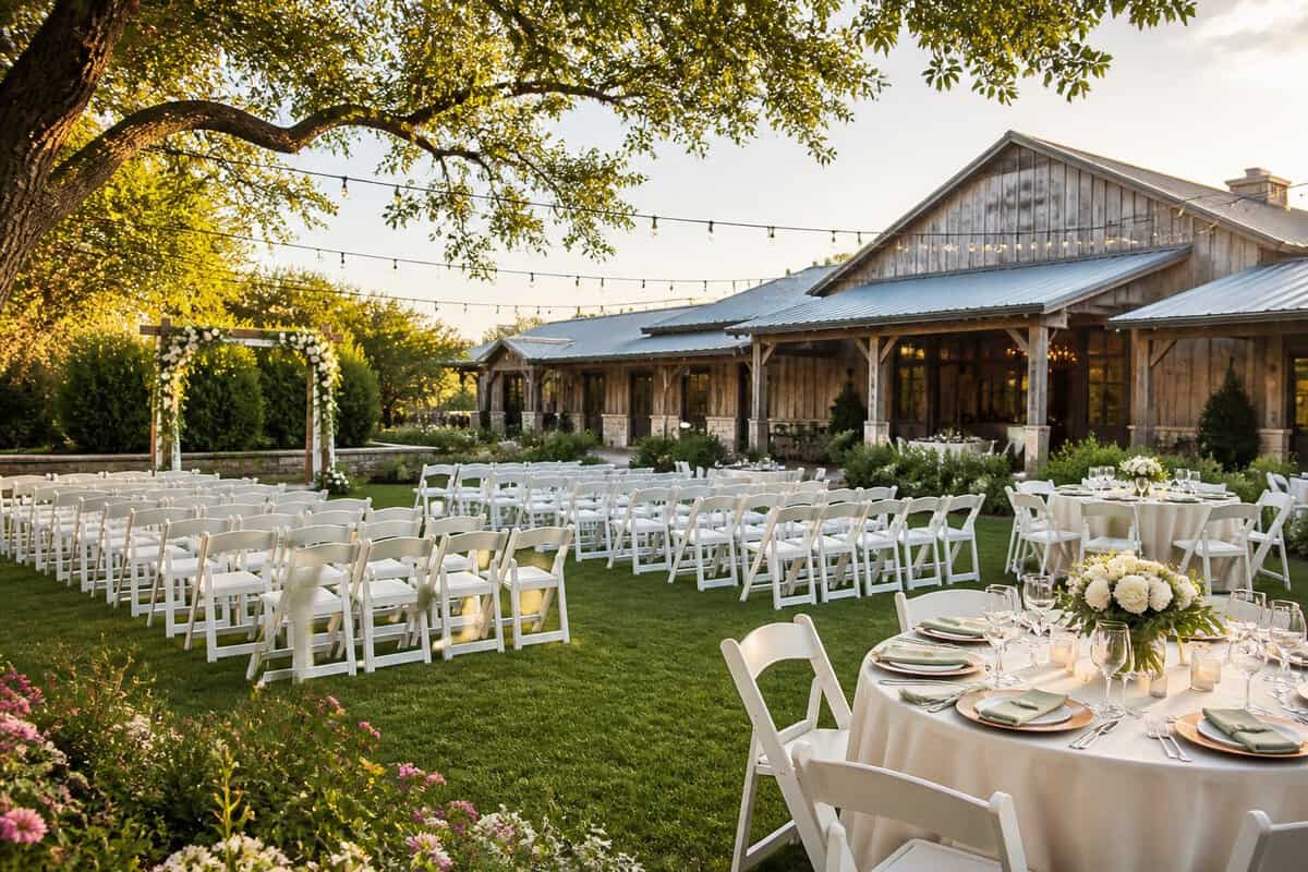 A welcoming outdoor wedding ceremony setup at an affordable venue with white chairs, a floral arch, and string lights.