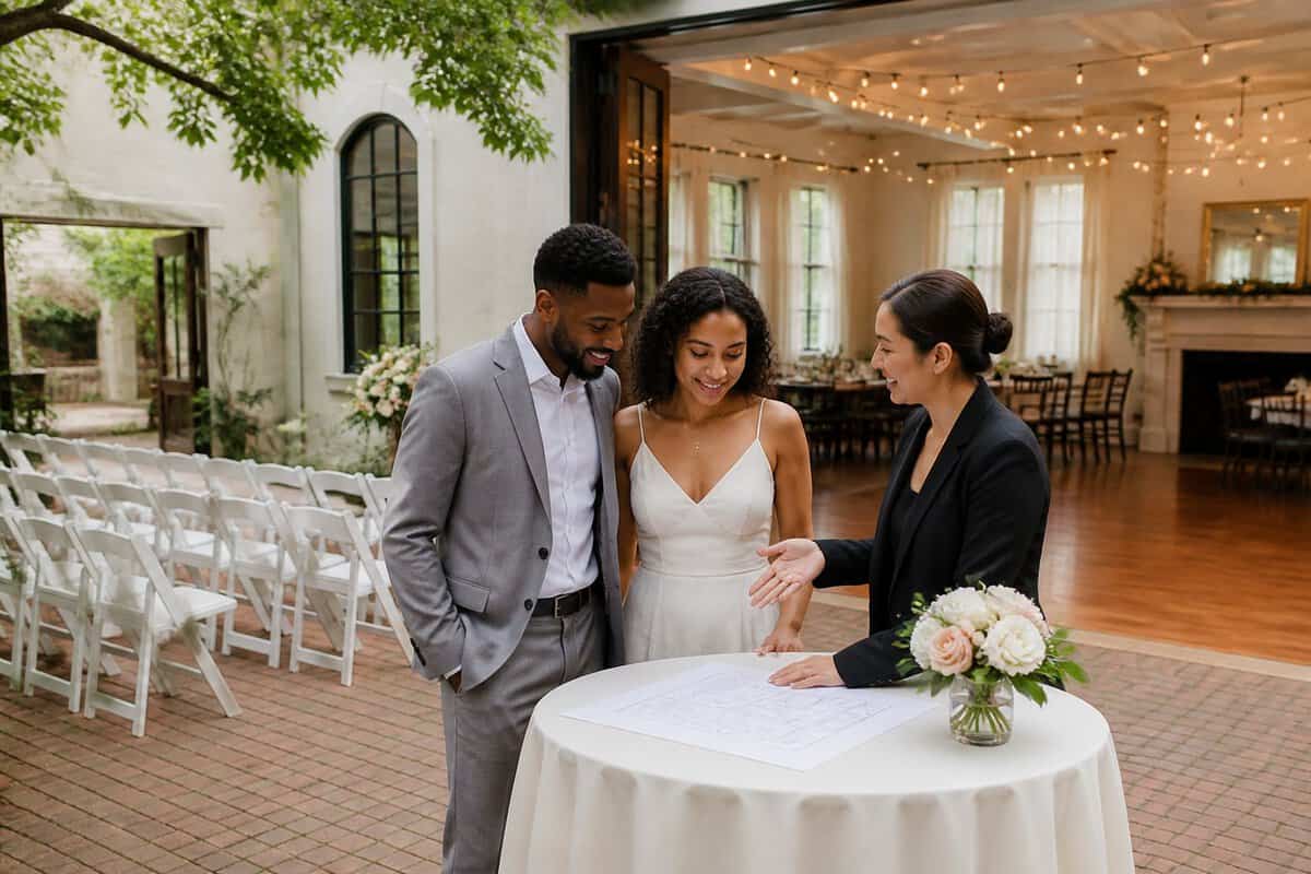 A couple tours an affordable wedding venue with a coordinator in a garden courtyard.