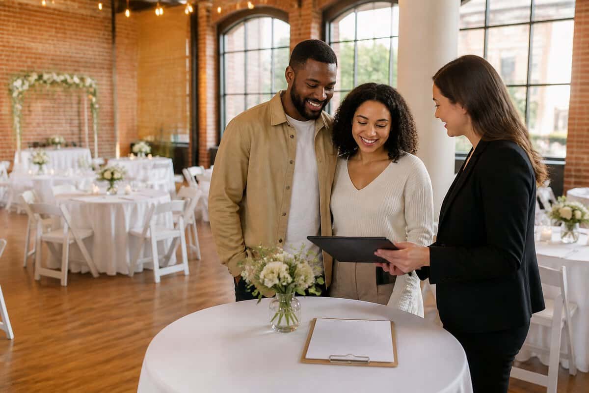 A couple discusses affordable wedding plans with a coordinator in a warmly decorated venue.