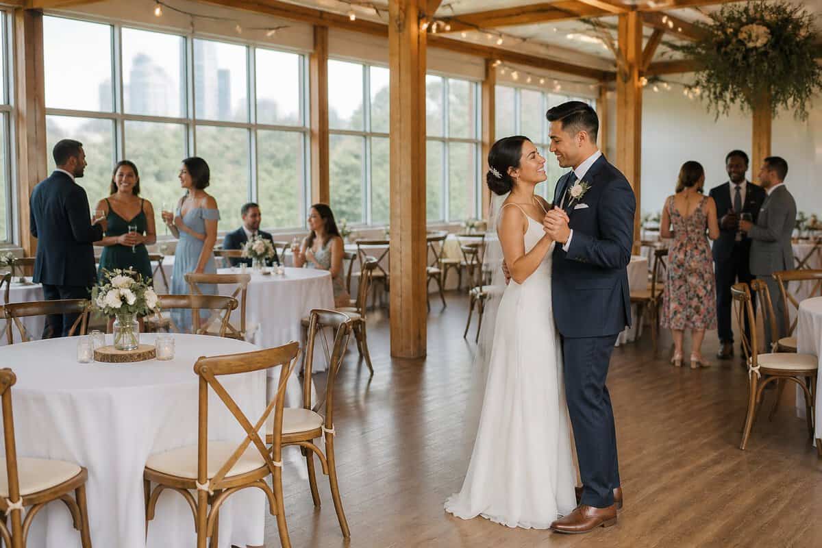 A newlywed couple and guests celebrate in an affordable, warmly decorated Edmonton wedding venue.