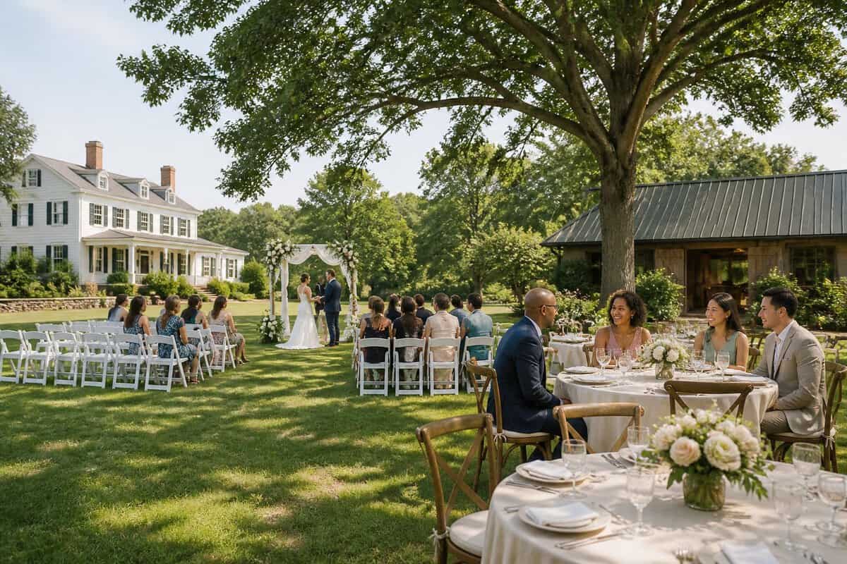 A couple and guests gather at an affordable outdoor wedding venue surrounded by greenery.
