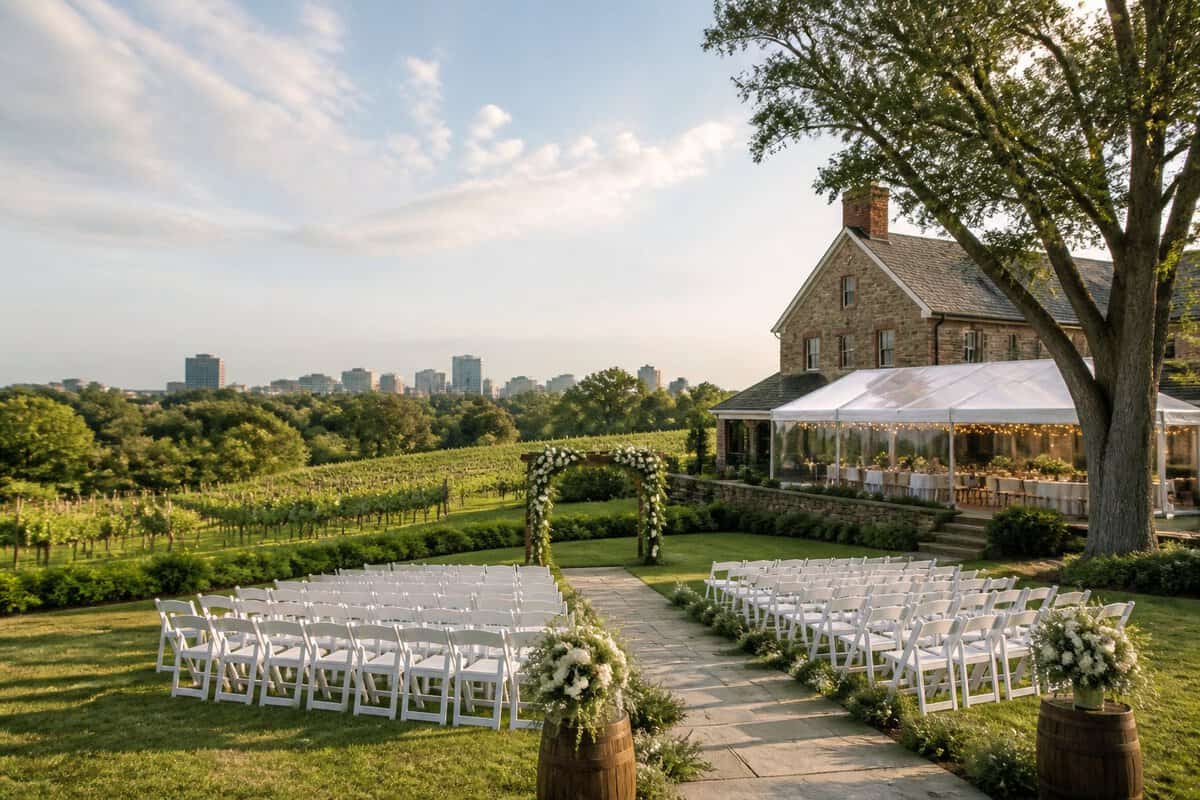 An intimate outdoor wedding setup at a Virginia venue surrounded by lawns, trees, and vineyard-covered hills.