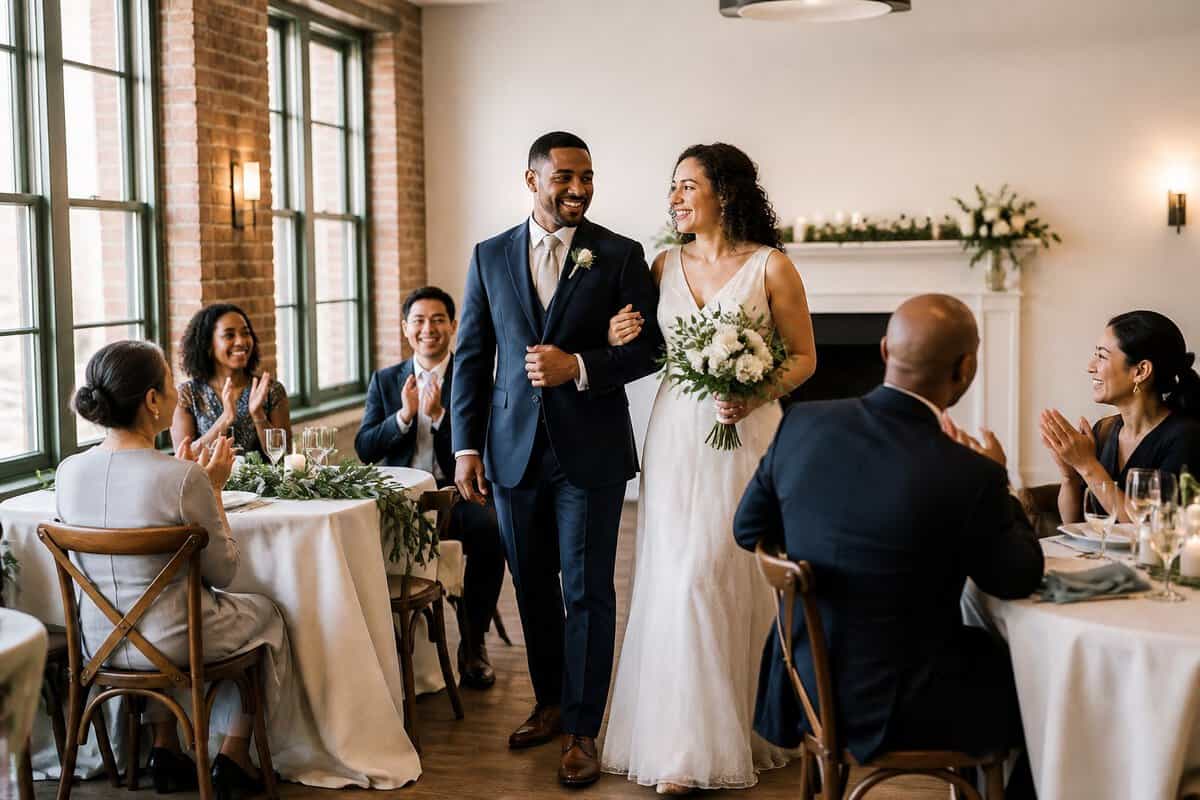A couple and guests celebrate at an elegantly decorated wedding reception in a welcoming urban venue.