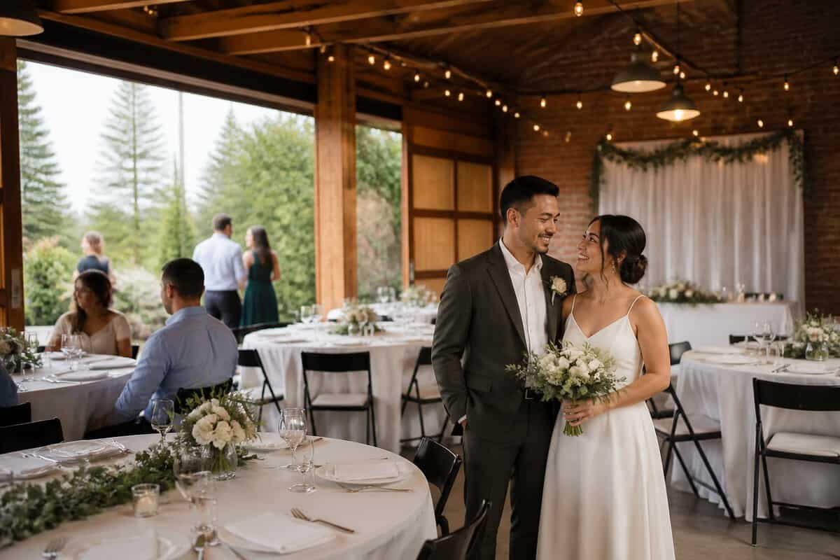 A couple and guests gather at a warmly decorated wedding reception venue with simple tables, greenery, and string lights.