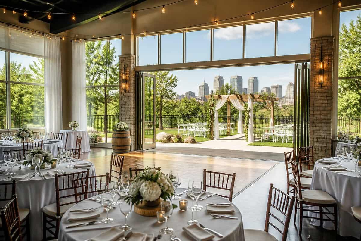 A bright wedding reception venue with simple elegant decorations and an outdoor ceremony area visible through the windows.