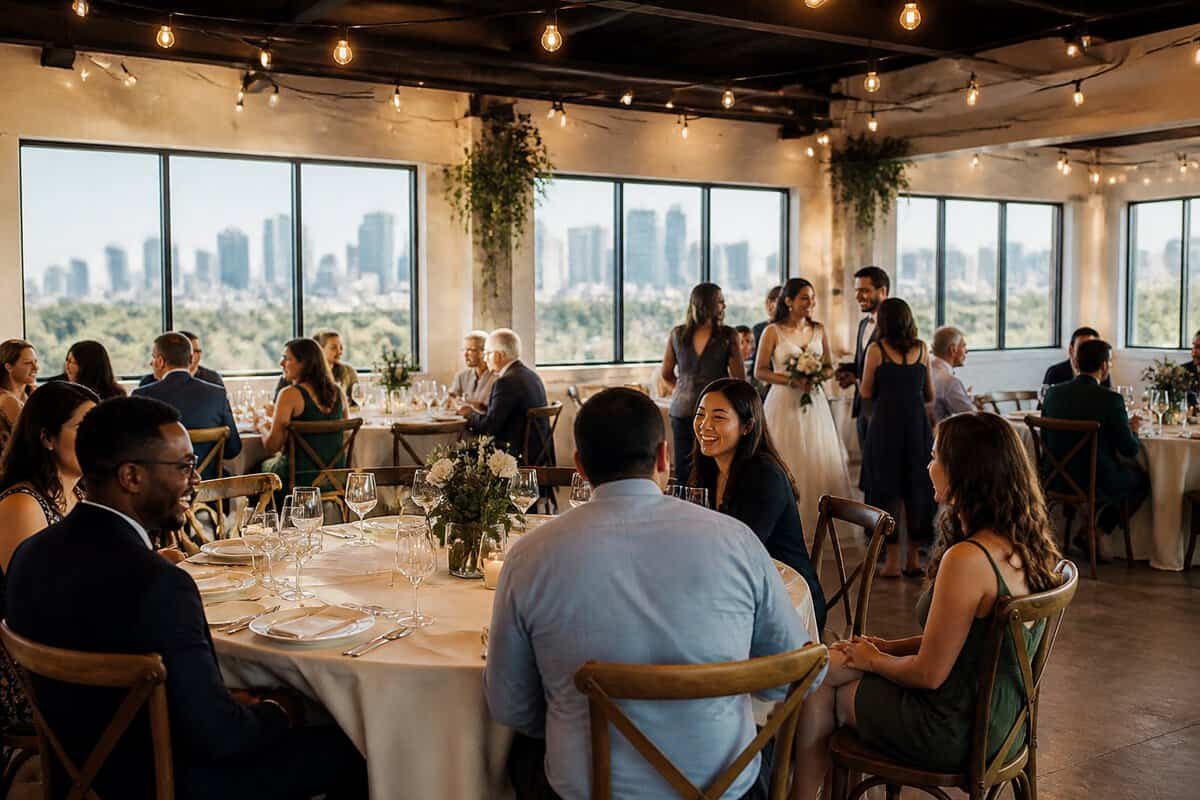 Guests celebrate with a newlywed couple in an elegant, budget-friendly wedding reception venue.