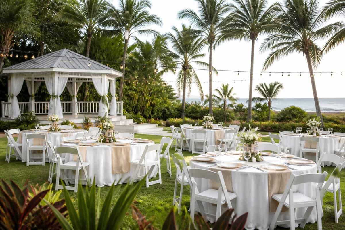 An elegant garden wedding venue with simple tables, white chairs, floral decorations, and lush greenery.