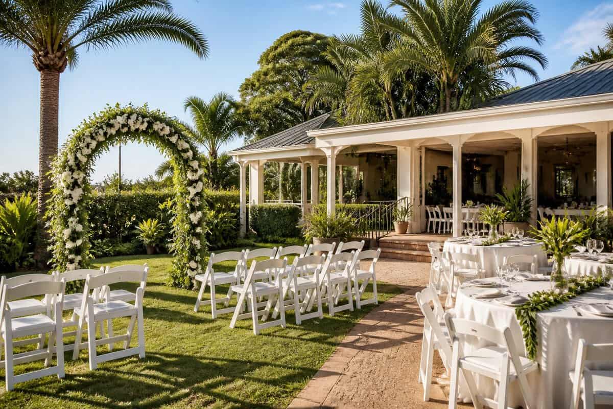An intimate outdoor wedding setup at a garden venue in Durban with simple chairs, floral decorations, and a reception area.