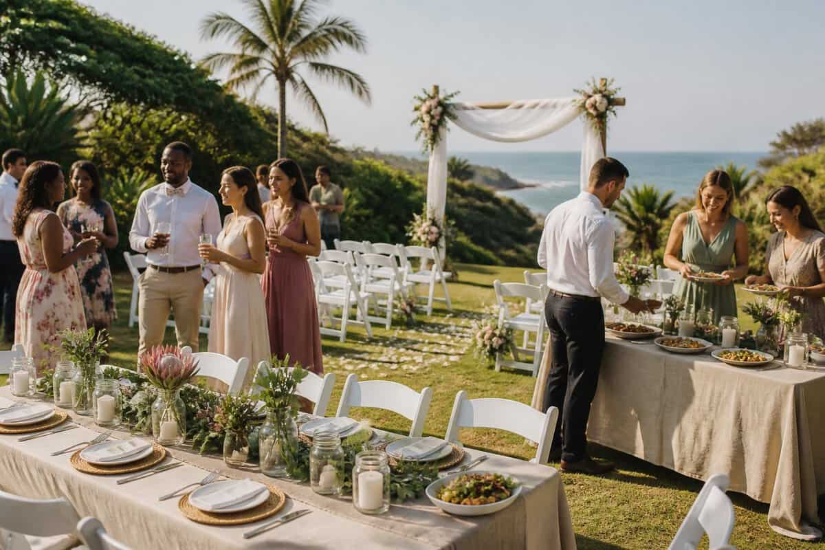 A small outdoor wedding reception with simple decorations, guests, and lush greenery in a Durban setting.