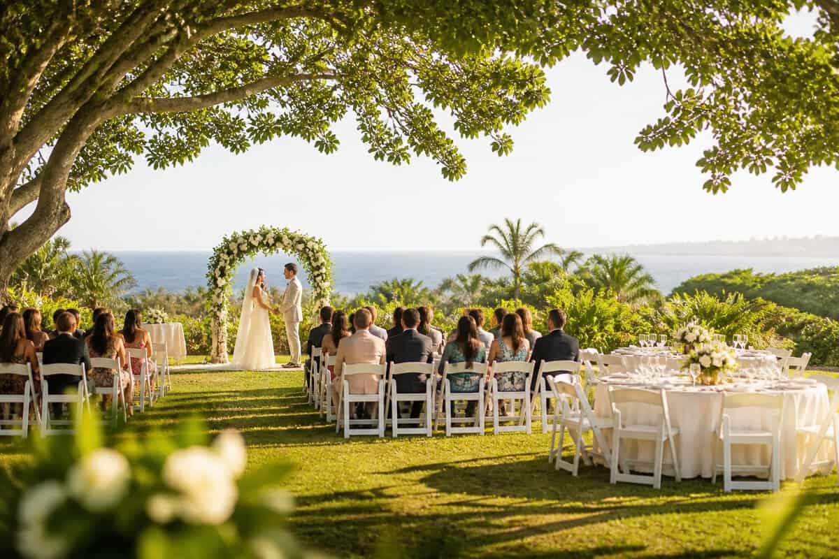 A modest outdoor wedding ceremony setup in a lush Durban garden with white chairs and a floral arch.