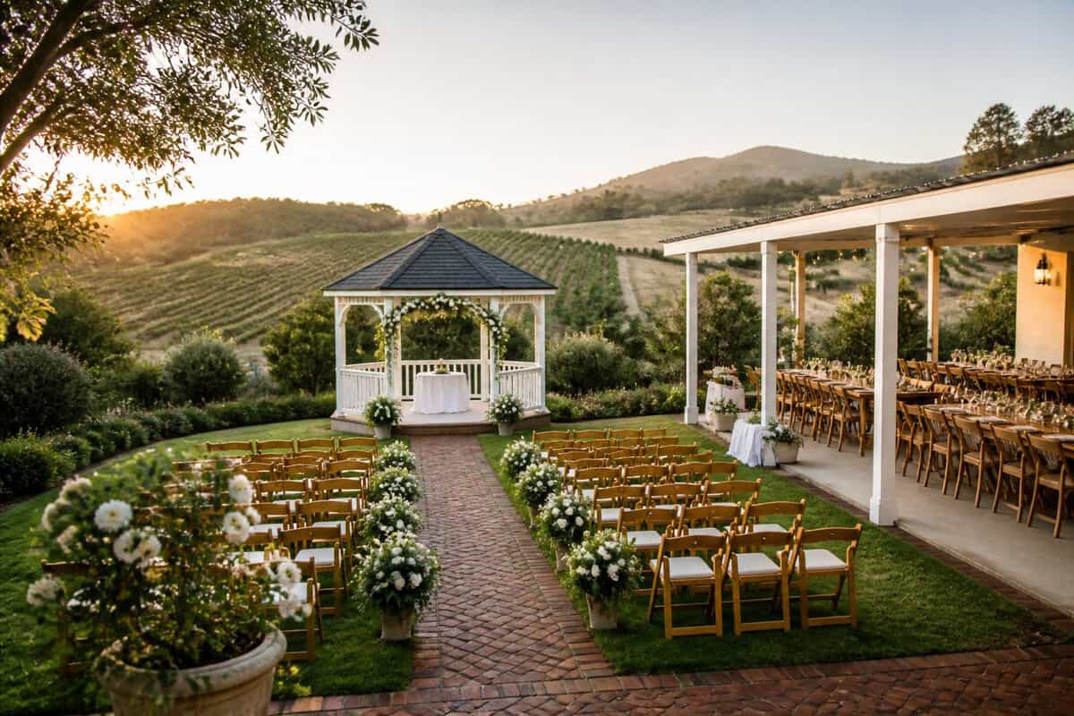 A simple outdoor wedding venue with garden seating, a gazebo, and a reception area at sunset.