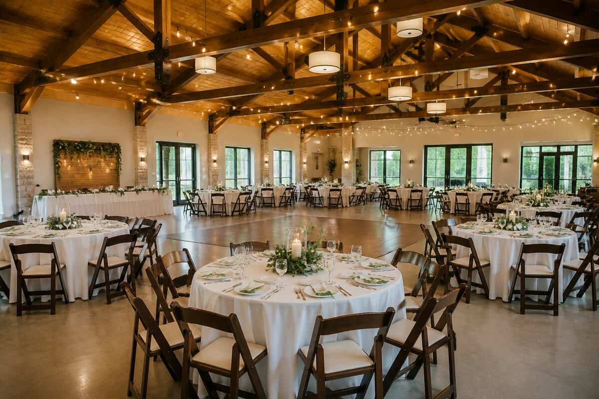 A spacious wedding reception venue with simply decorated tables, greenery, string lights, and a dance floor.