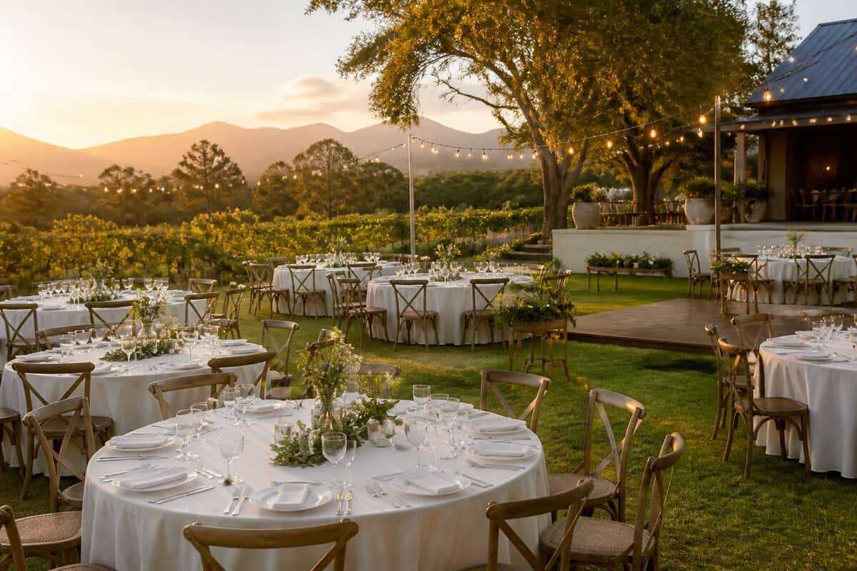 An elegant, modest wedding reception arranged in a sunny garden venue with simple tables, flowers, and string lights.