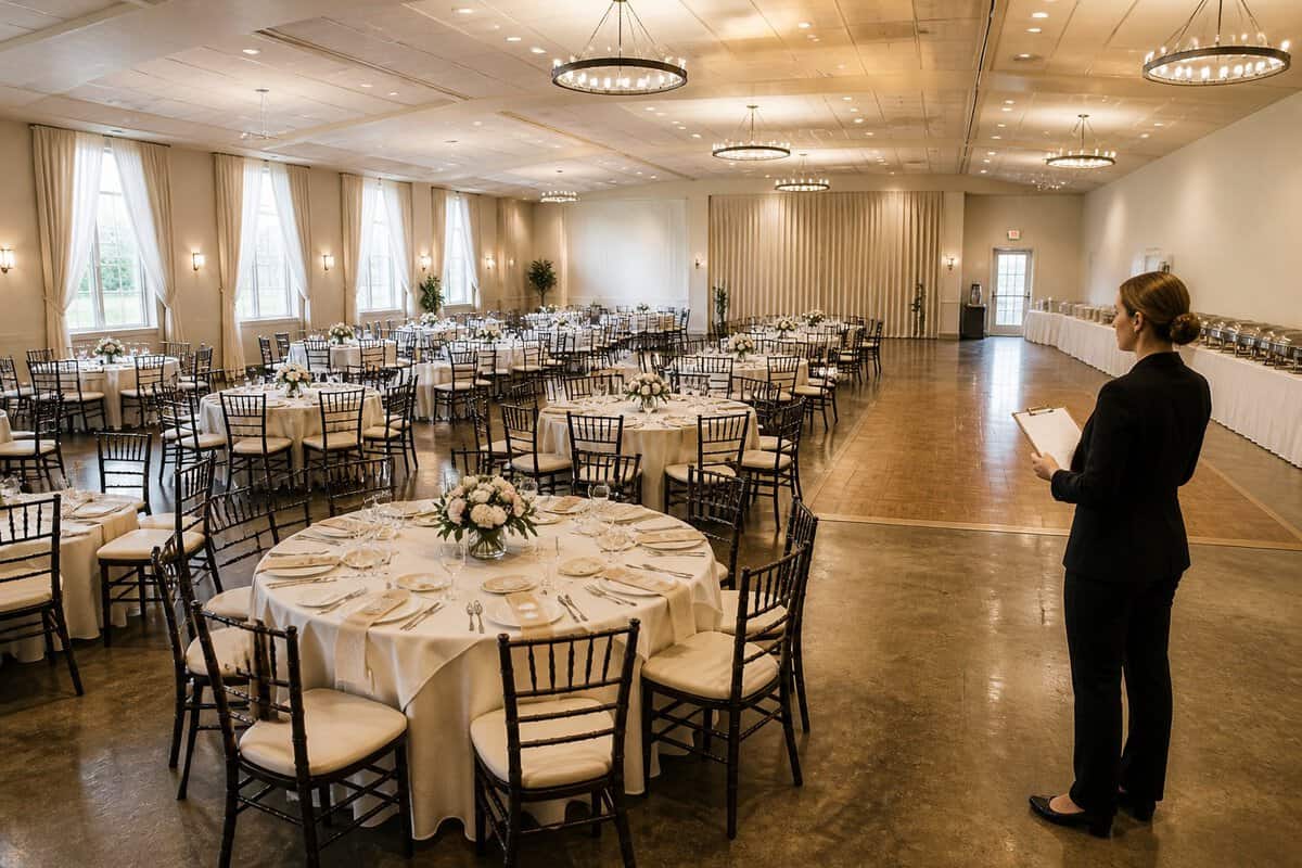A wedding reception hall arranged with tables and chairs for a large gathering, while a planner reviews the room layout.