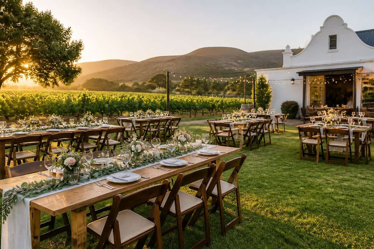 A modest wedding reception set up in a garden beside a vineyard.