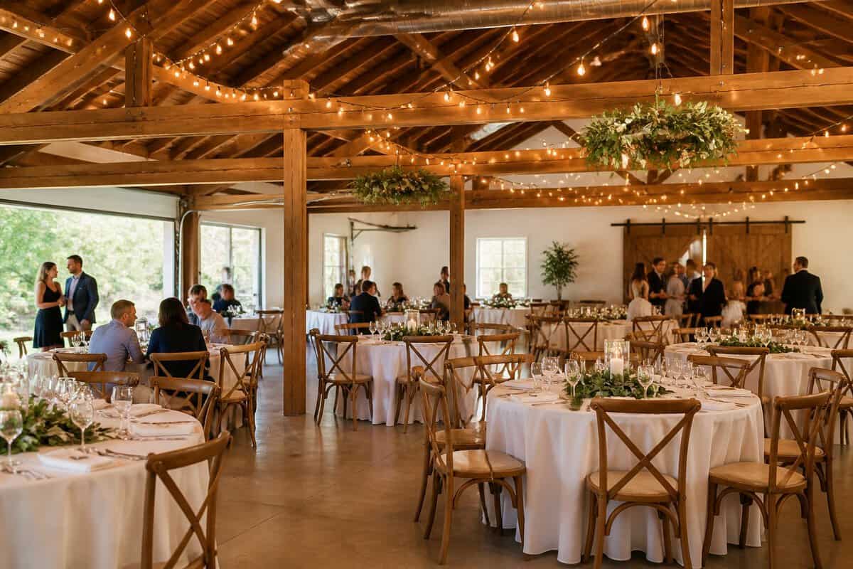 A welcoming wedding reception venue arranged with simple decorations, round tables, and guests mingling.