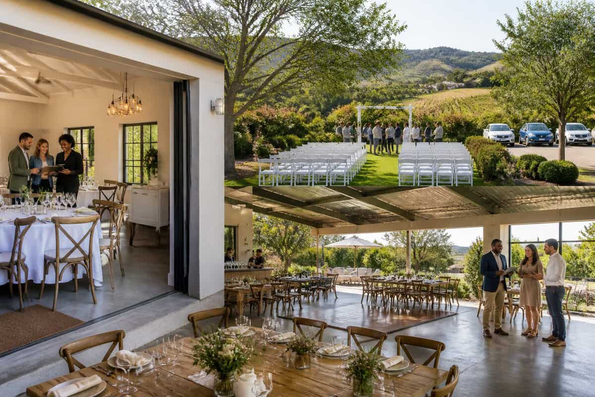 Wedding venue options in Durbanville showing indoor, covered outdoor, and garden spaces with different seating arrangements.