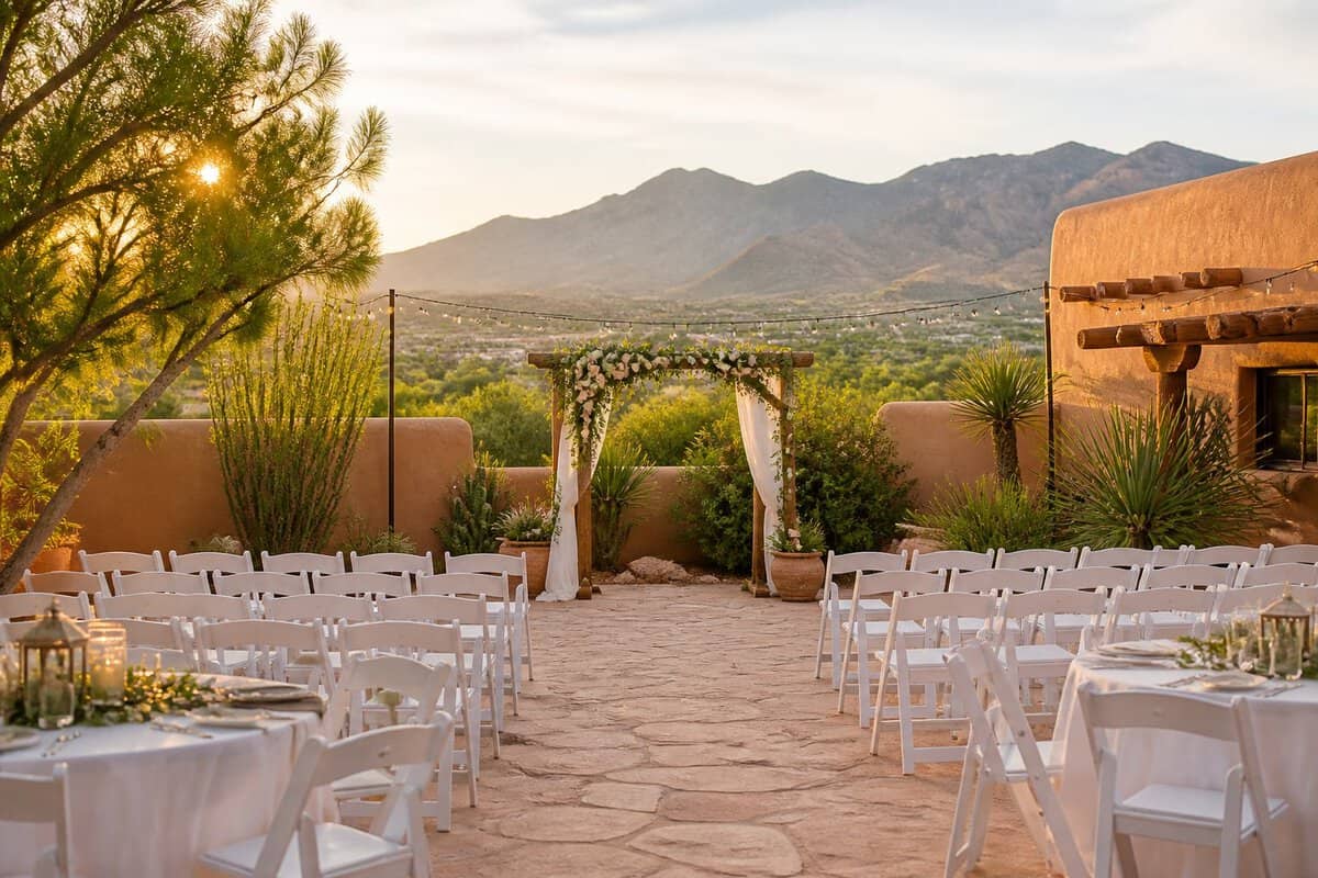 An affordable outdoor wedding venue in El Paso with white chairs, a floral arch, string lights, desert landscaping, and distant mountains.