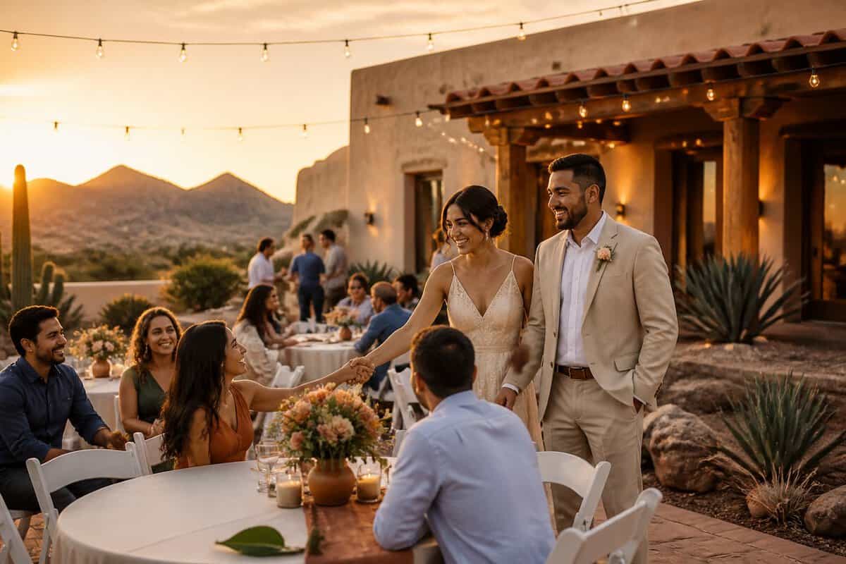 A couple welcomes guests at an elegant outdoor wedding reception in a Southwestern El Paso setting.