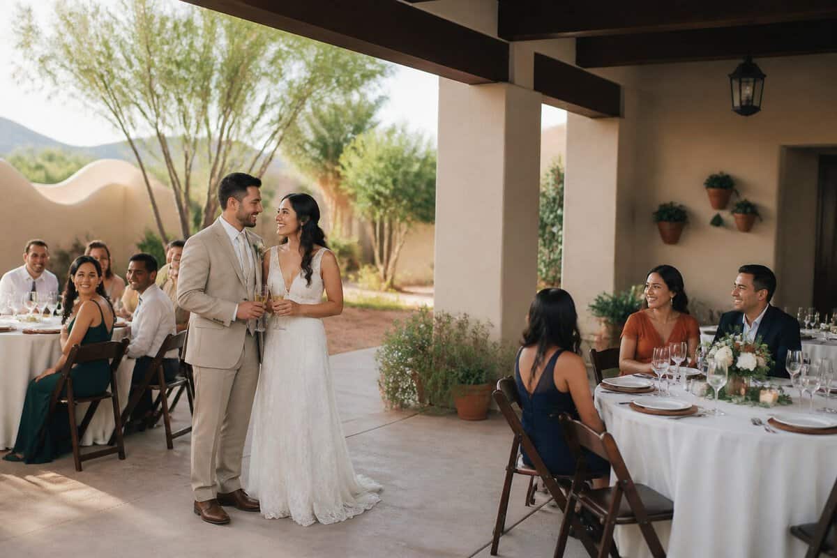 A newlywed couple celebrates with guests at an intimate reception in a simple Southwestern venue.