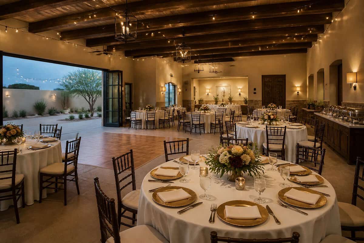 A warmly lit wedding reception venue in El Paso with decorated tables, a buffet area, and an outdoor patio.