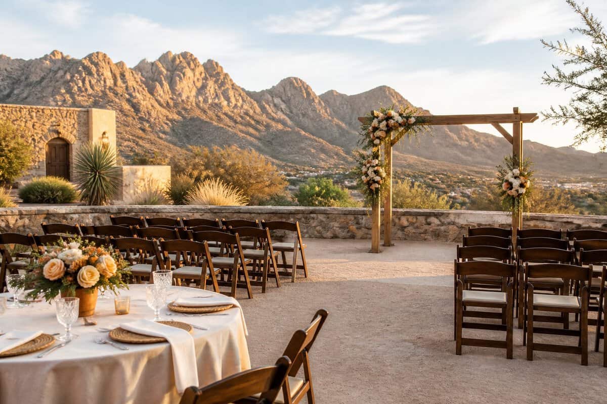 An affordable outdoor wedding setup with wooden chairs, a floral arbor, desert scenery, and distant mountains.