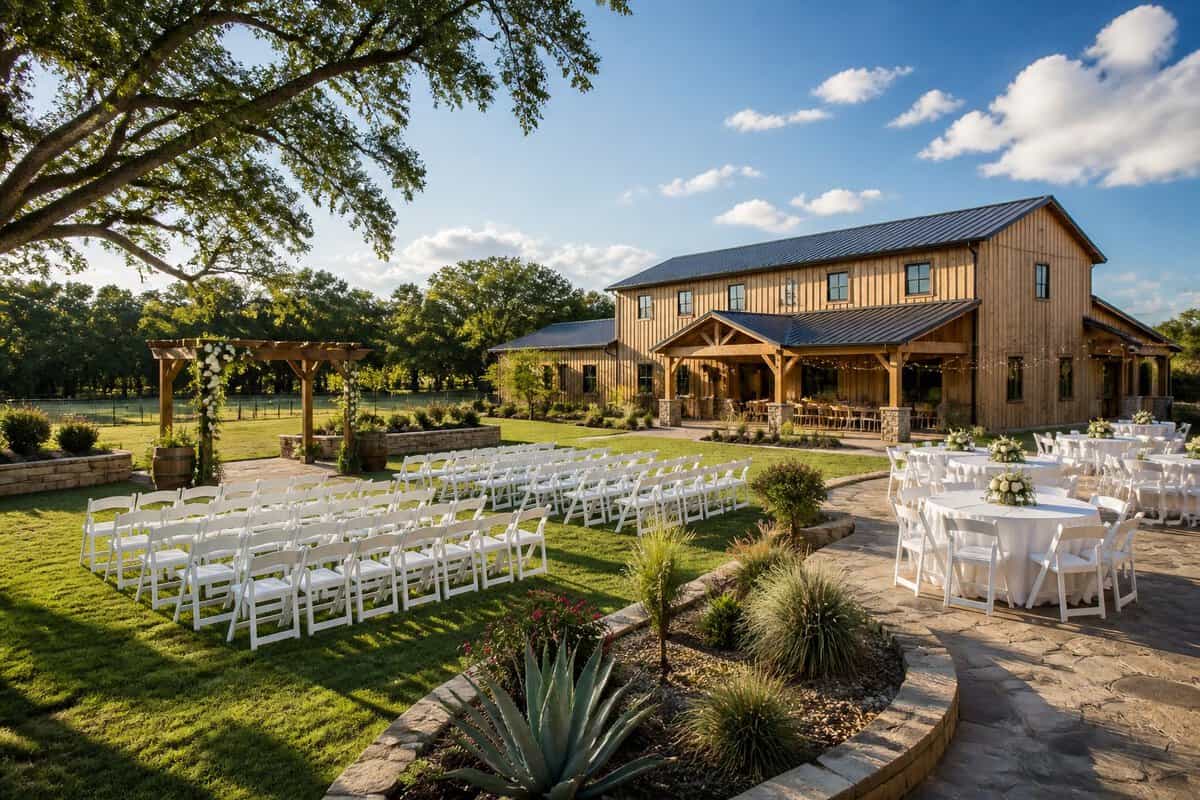A charming outdoor wedding venue with white chairs, a flower-adorned arbor, and simple reception tables beneath string lights.